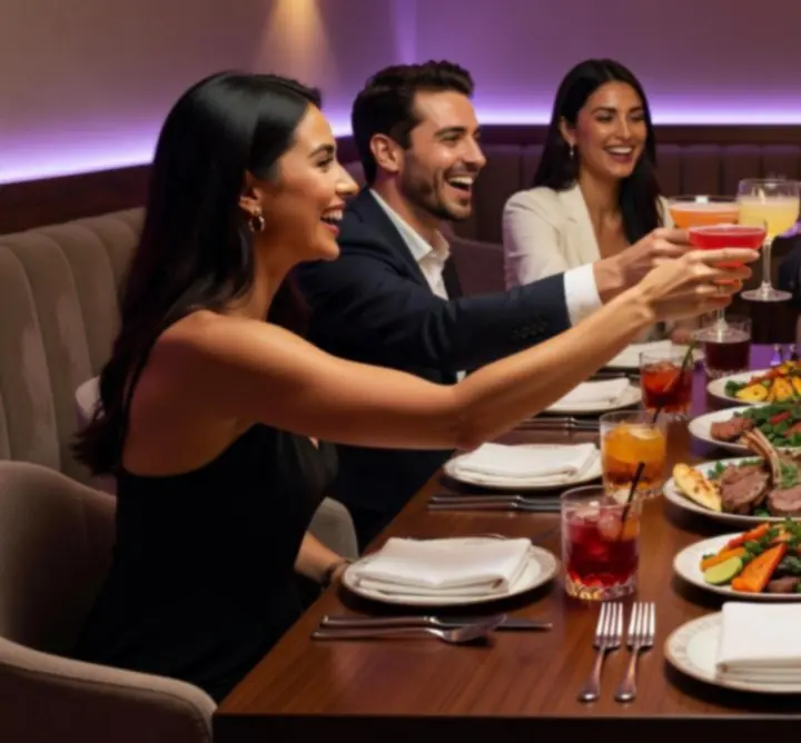 Groupe d'amis partageant un dîner festif dans le restaurant Noon Casinos
