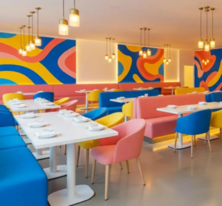 Intérieur lumineux du restaurant Noon Casinos avec décor coloré